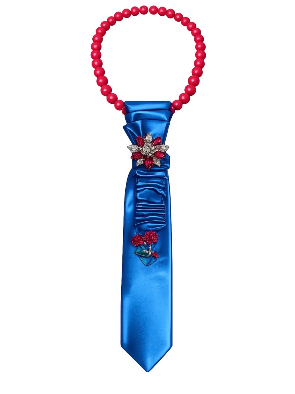 Unique Fashion Accessory Skinny Satin Necktie Necklace |Sapphire Blue ,Red Beads